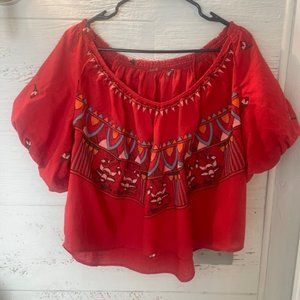Free People Red Embroidered Crop Boho Peasant Top Size M